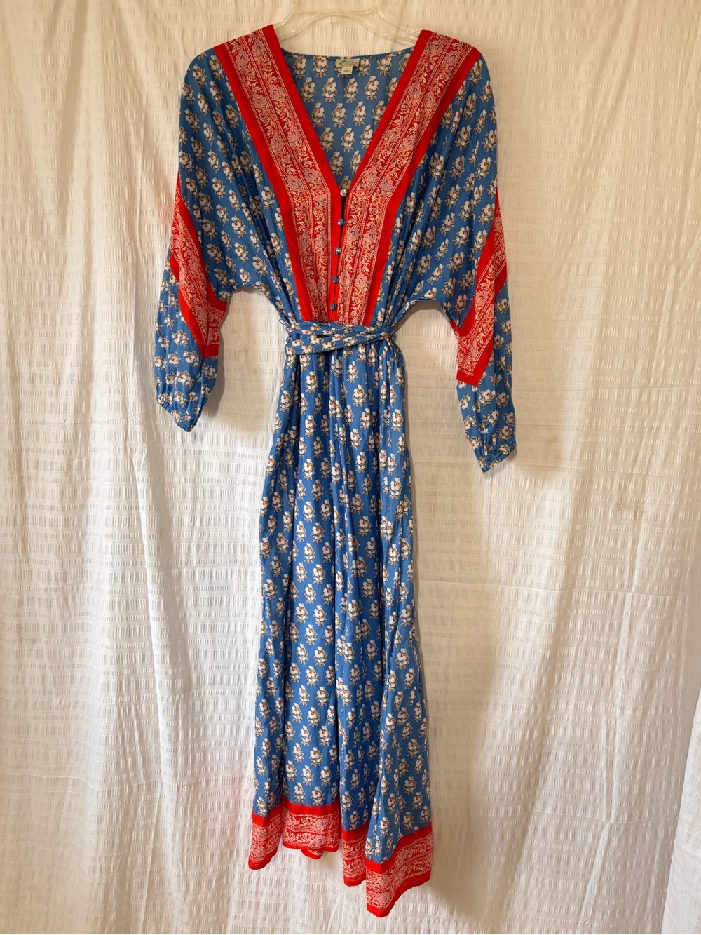 J. Crew 100% Cotton Boho Red & Blue Floral Tie-Waist Midi Dress Sz Small - Picture 2 of 10